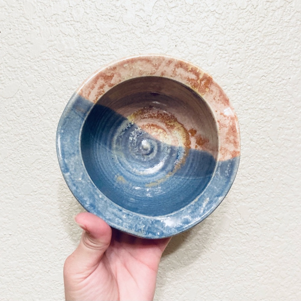 Handmade Glazed Ceramic Blue Tan Studio Pottery Bowl Dish Planter